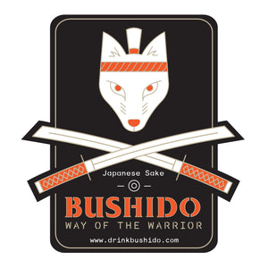 Bushido logo sticker, black background with white samurai fox