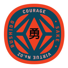 Load image into Gallery viewer, Bushido virtue sticker featuring Courage, red background with navy graphic