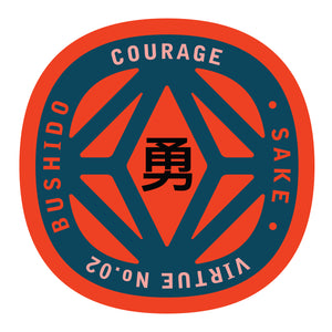 Bushido virtue sticker featuring Courage, red background with navy graphic