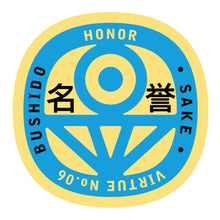 Load image into Gallery viewer, Bushido virtue sticker featuring Honor, yellow background with light blue graphic