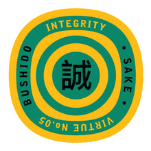 Load image into Gallery viewer, Bushido virtue sticker featuring Integrity, yellow background with green graphics