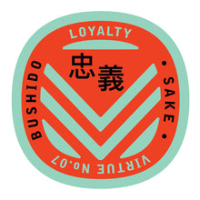Load image into Gallery viewer, Bushido virtue sticker featuring Loyalty mint green background with red graphic