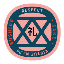 Load image into Gallery viewer, Bushido virtue sticker featuring Respect, pink background with navy blue graphic