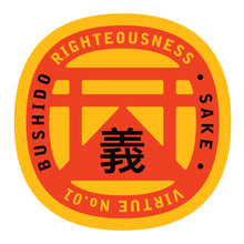 Load image into Gallery viewer, Bushido virtue sticker featuring Righteousness, yellow background red graphic